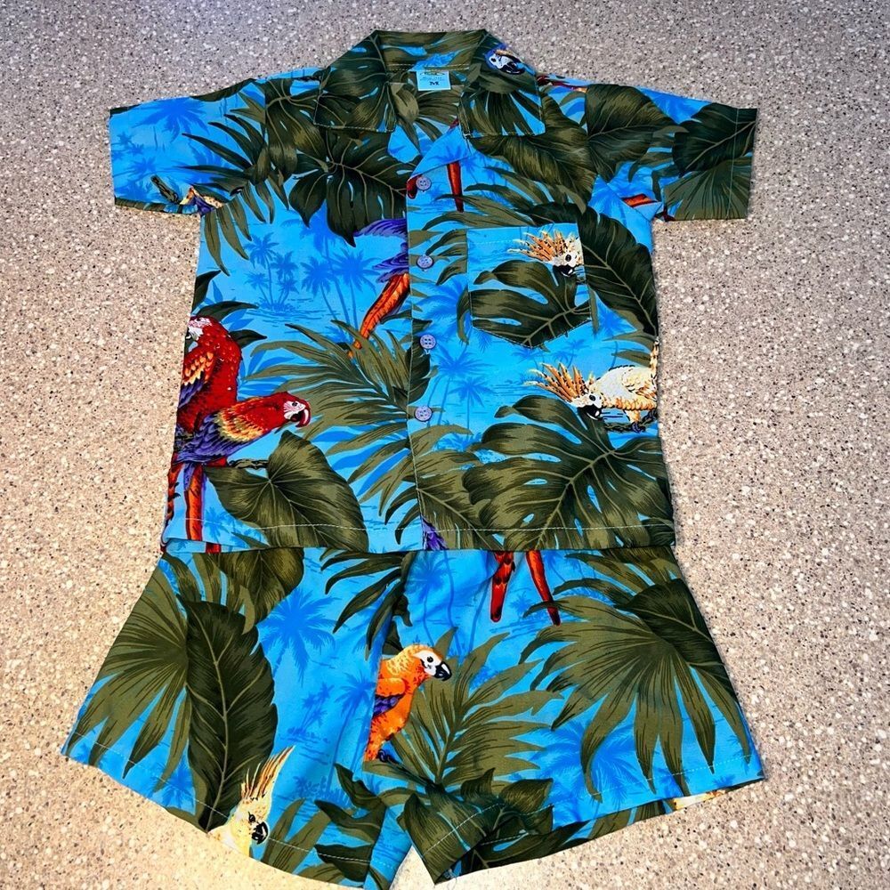 RIMA BEACH WORLD Blue Hawaiian Tropical Floral Button Up Shirt & Shorts ~ NWOT